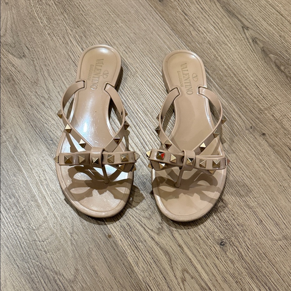 Valentino Beige  Rockstud Slide Sandals